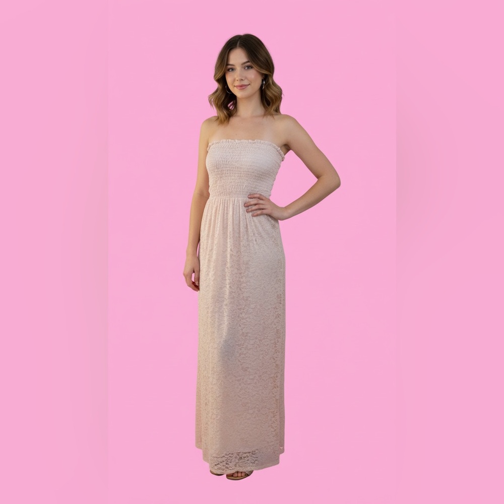 Rue 21 nude pink lace maxi strapless DRESS size medium smocked floral stretchy